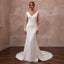 White satin mermaid wedding dress with V-neck, lace sleeves, full front view