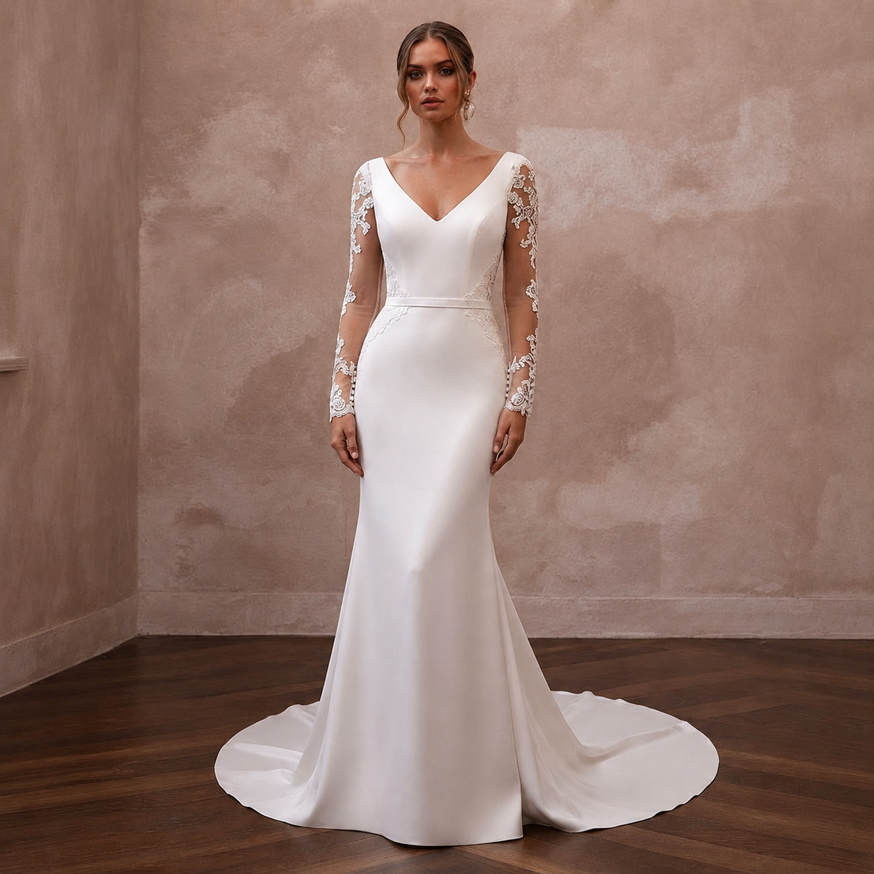 White satin mermaid wedding dress with V-neck, lace sleeves, full front view