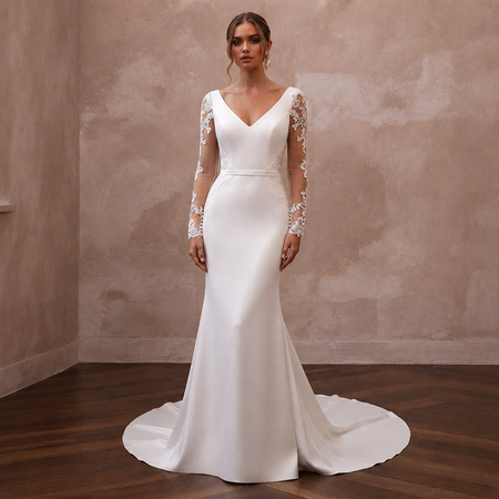 White satin mermaid wedding dress with V-neck, lace sleeves, full front view