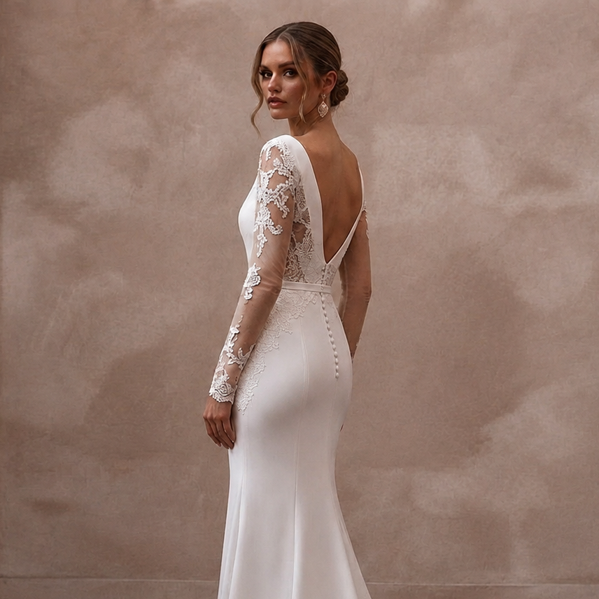 White satin mermaid wedding dress with long lace sleeves and V-back