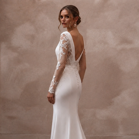 White satin mermaid wedding dress with long lace sleeves and V-back