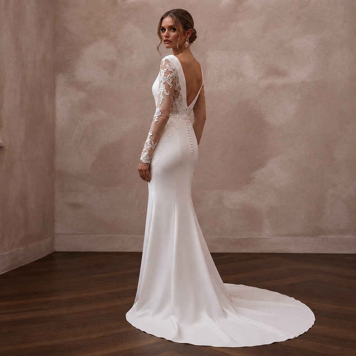 White satin mermaid wedding dress with long lace sleeves, V-back