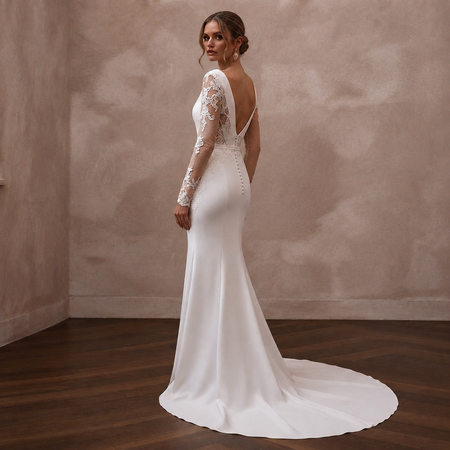 White satin mermaid wedding dress with long lace sleeves, V-back