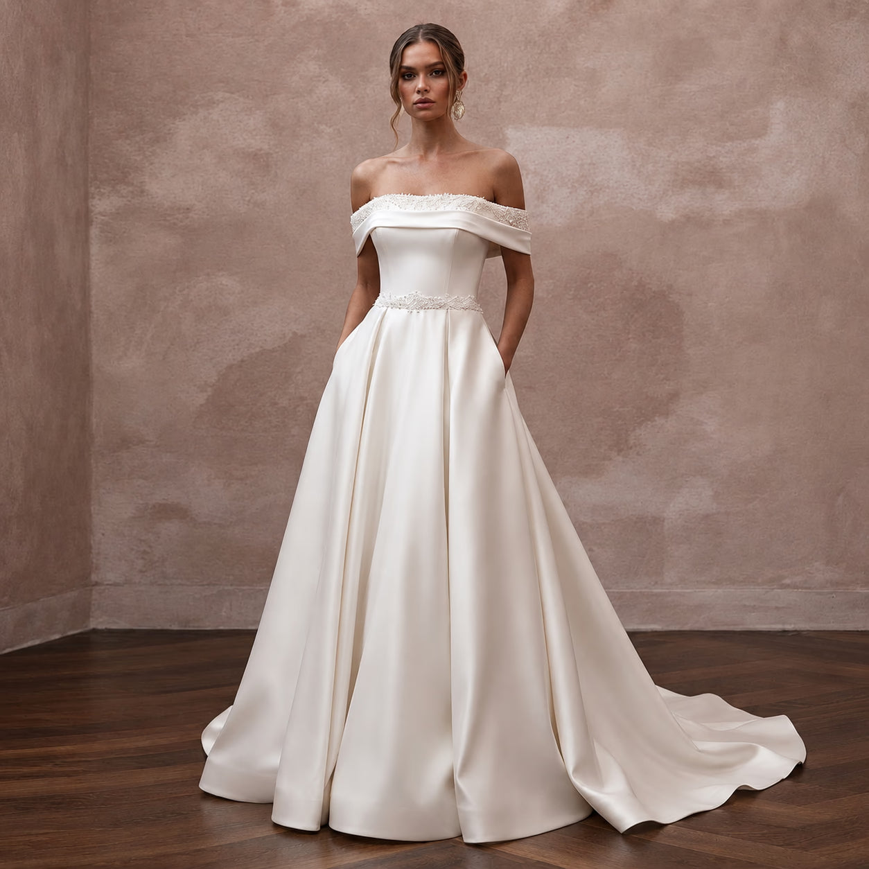 Classic Satin Wedding Dress with Off-the-Shoulder Neckline