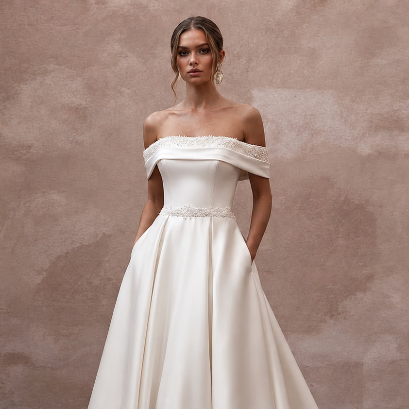 Classic Satin Wedding Dress with Off-the-Shoulder Neckline