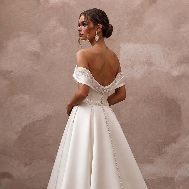 Classic Satin Wedding Dress with Off-the-Shoulder Neckline