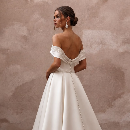 Classic Satin Wedding Dress with Off-the-Shoulder Neckline