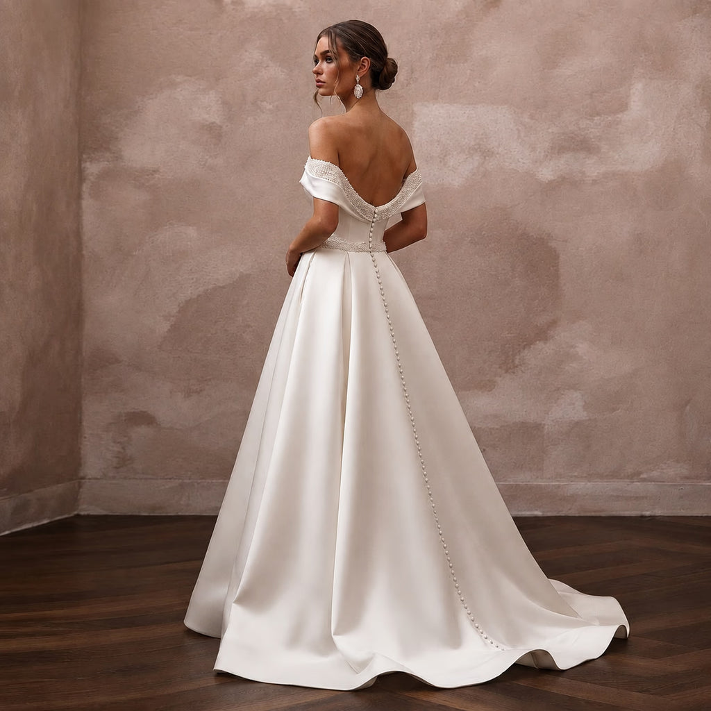 Classic Satin Wedding Dress with Off-the-Shoulder Neckline