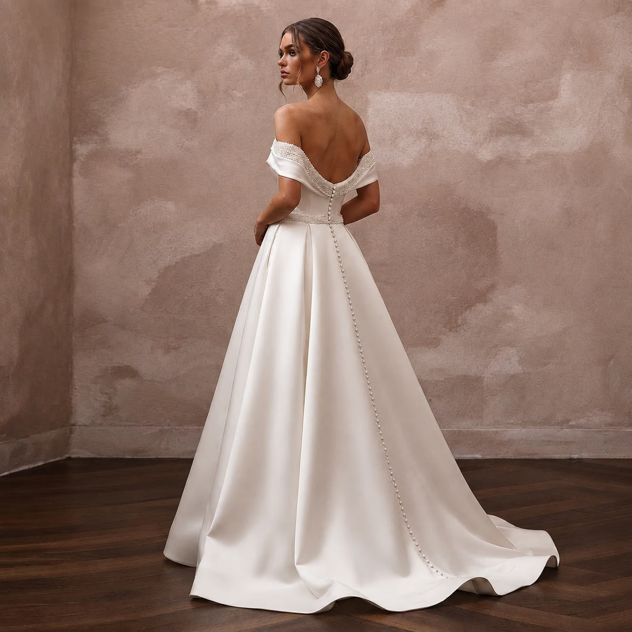 Classic Satin Wedding Dress with Off-the-Shoulder Neckline