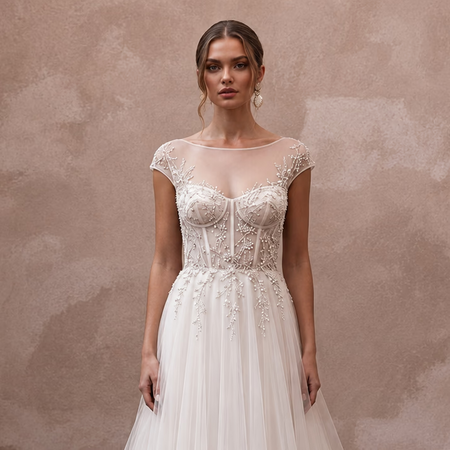 Classic Tulle A - Line Wedding Dress with Beaded Details - Apparel & Accessories > Clothing > Wedding & Bridal Party Dresses > Wedding Dresses - Mignonette Bridal