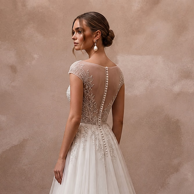 Classic Tulle A - Line Wedding Dress with Beaded Details - Apparel & Accessories > Clothing > Wedding & Bridal Party Dresses > Wedding Dresses - Mignonette Bridal