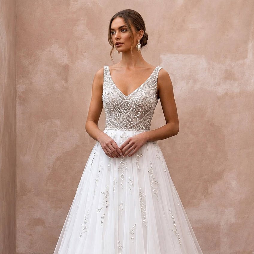 Classic Tulle Wedding Dress with Beaded Bodice and A-Line Silhouette