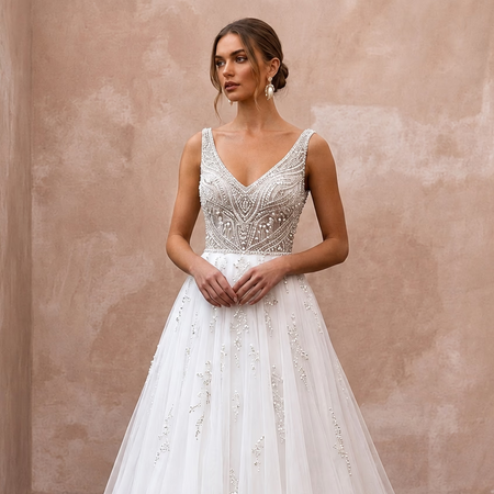 Classic Tulle Wedding Dress with Beaded Bodice and A-Line Silhouette