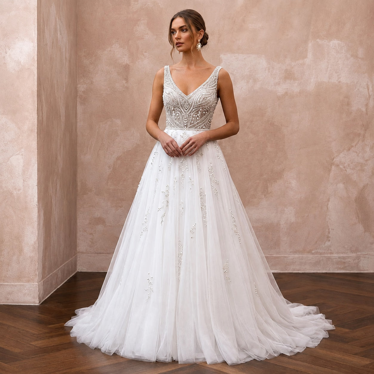 Classic Tulle Wedding Dress with Beaded Bodice and A-Line Silhouette