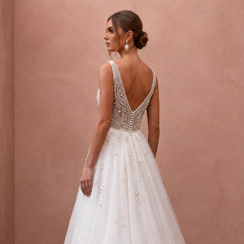 Classic Tulle Wedding Dress with Beaded Bodice and A-Line Silhouette