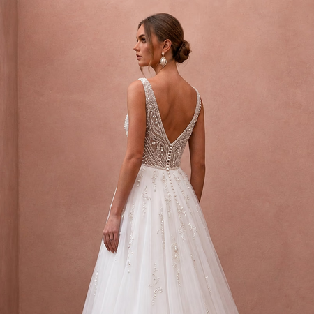 Classic Tulle Wedding Dress with Beaded Bodice and A-Line Silhouette