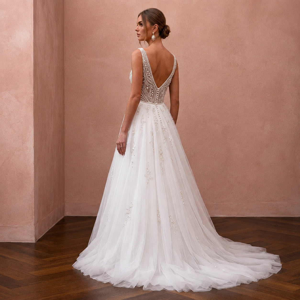 Classic Tulle Wedding Dress with Beaded Bodice and A-Line Silhouette