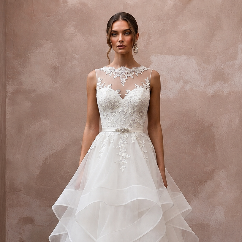 Classic Wedding Dresses with Lace and Organza Layers