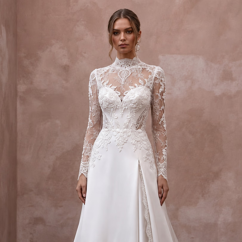 Classic Wedding Dresses with Timeless Satin and Lace - Apparel & Accessories > Clothing > Wedding & Bridal Party Dresses > Wedding Dresses - Mignonette