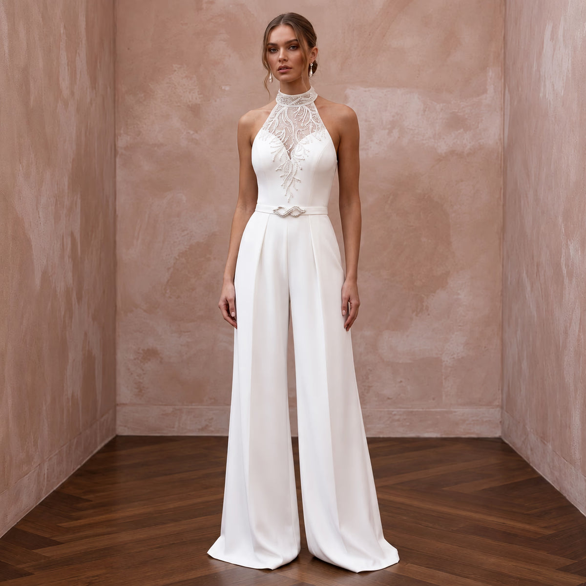 Clean Ivory Stretch Crepe Halter Bridal Jumpsuit for Reception