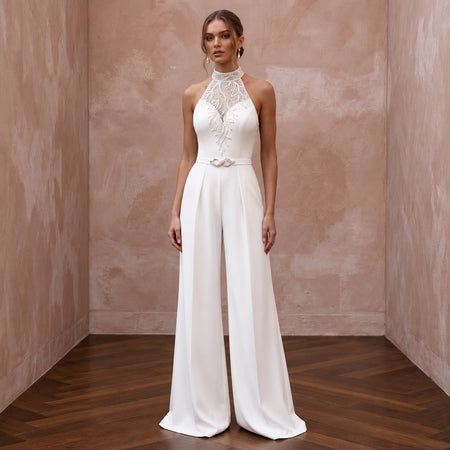 Clean Ivory Stretch Crepe Halter Bridal Jumpsuit for Reception