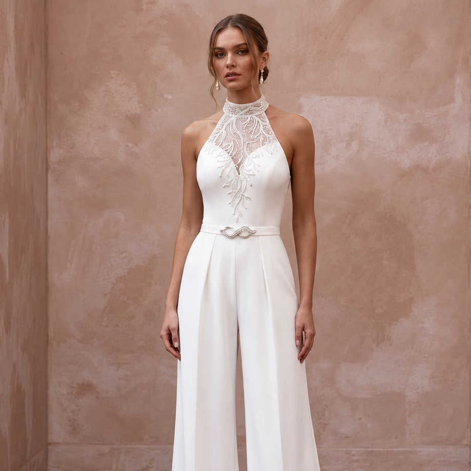 Clean Ivory Stretch Crepe Halter Bridal Jumpsuit for Reception