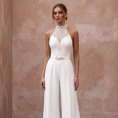 Clean Ivory Stretch Crepe Halter Bridal Jumpsuit for Reception