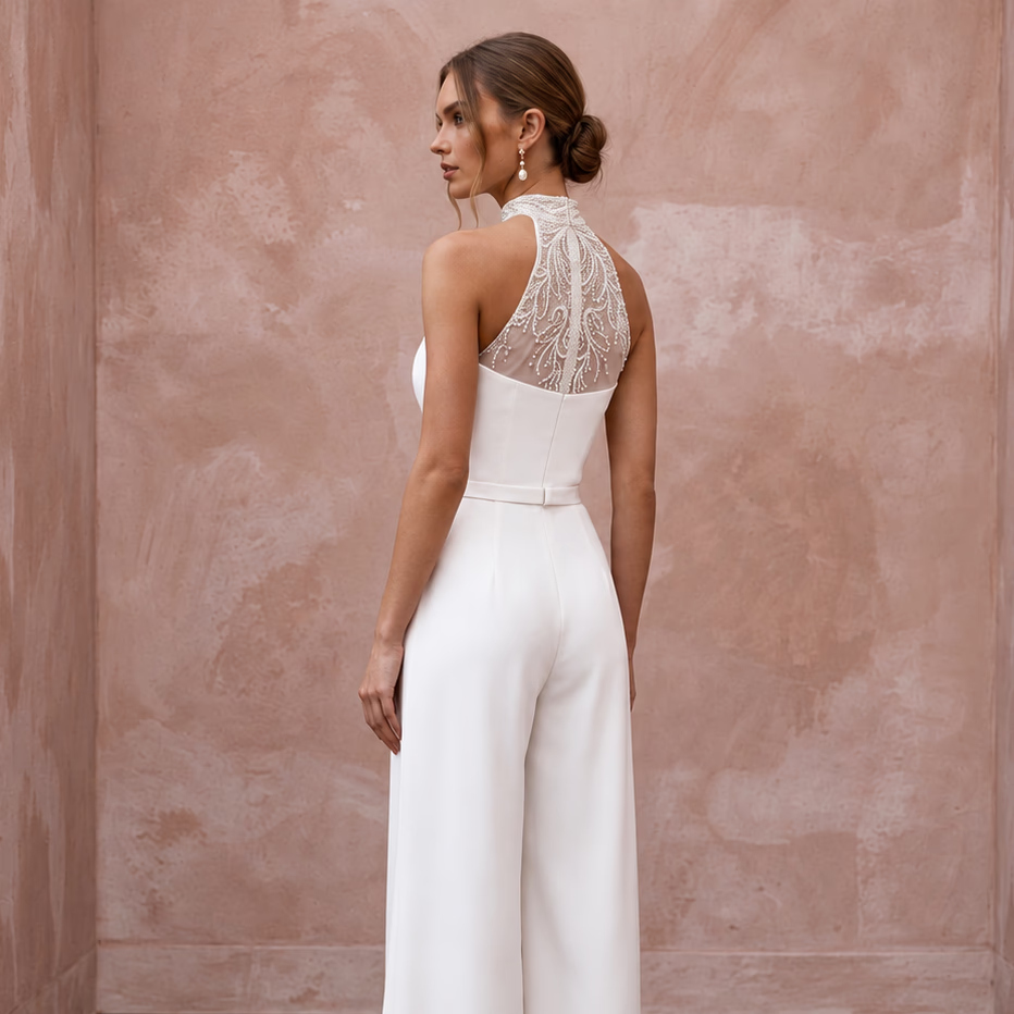 Clean Ivory Stretch Crepe Halter Bridal Jumpsuit for Reception