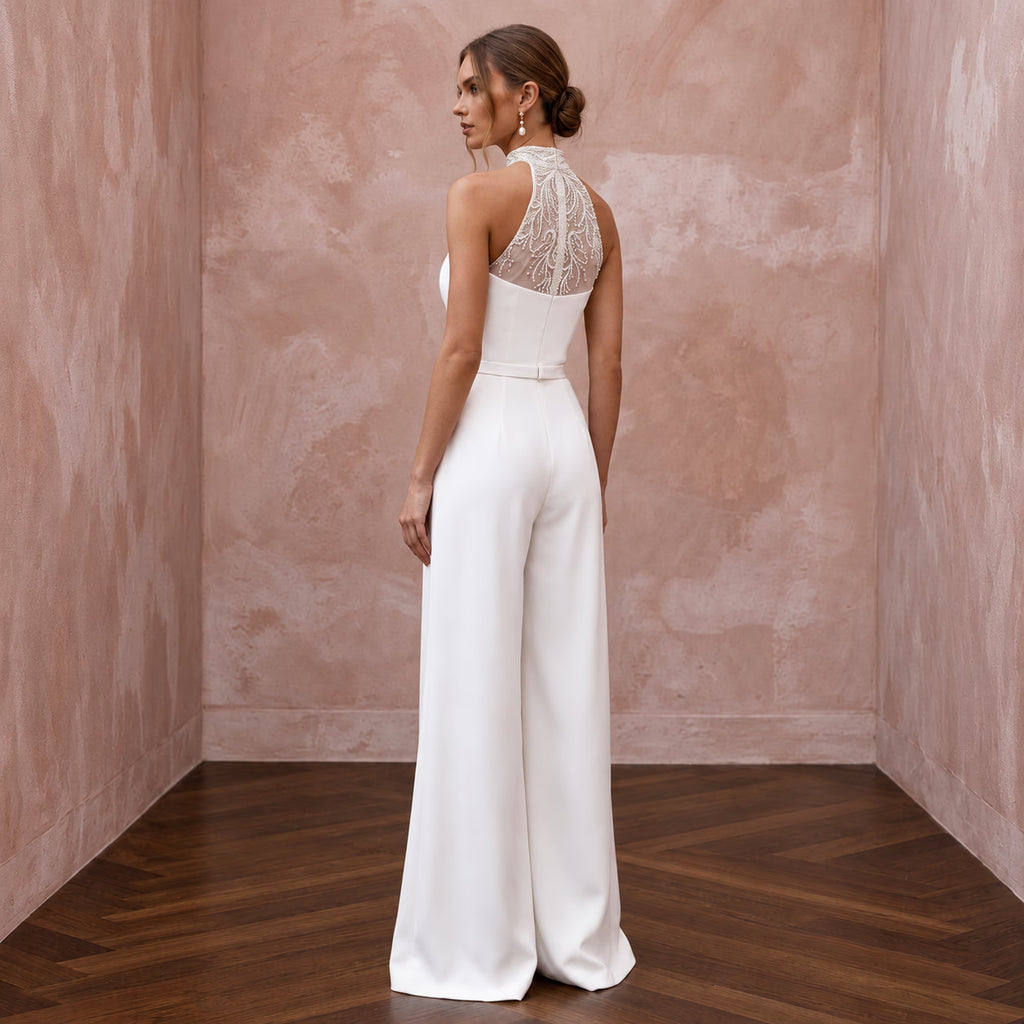 Clean Ivory Stretch Crepe Halter Bridal Jumpsuit for Reception