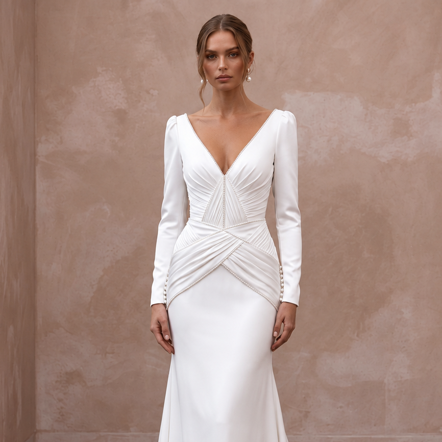 Clean Satin Wedding Dress with Long Sleeves
