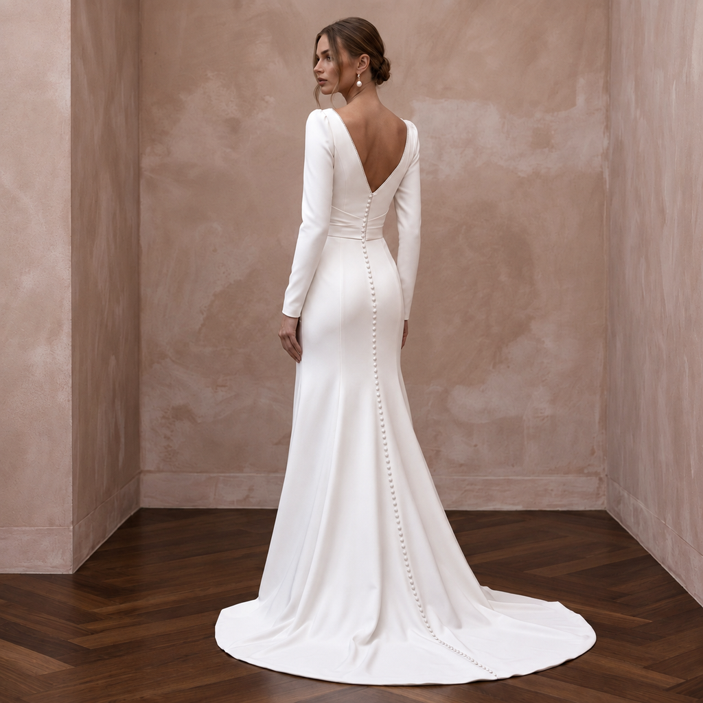 Clean Satin Wedding Dress with Long Sleeves