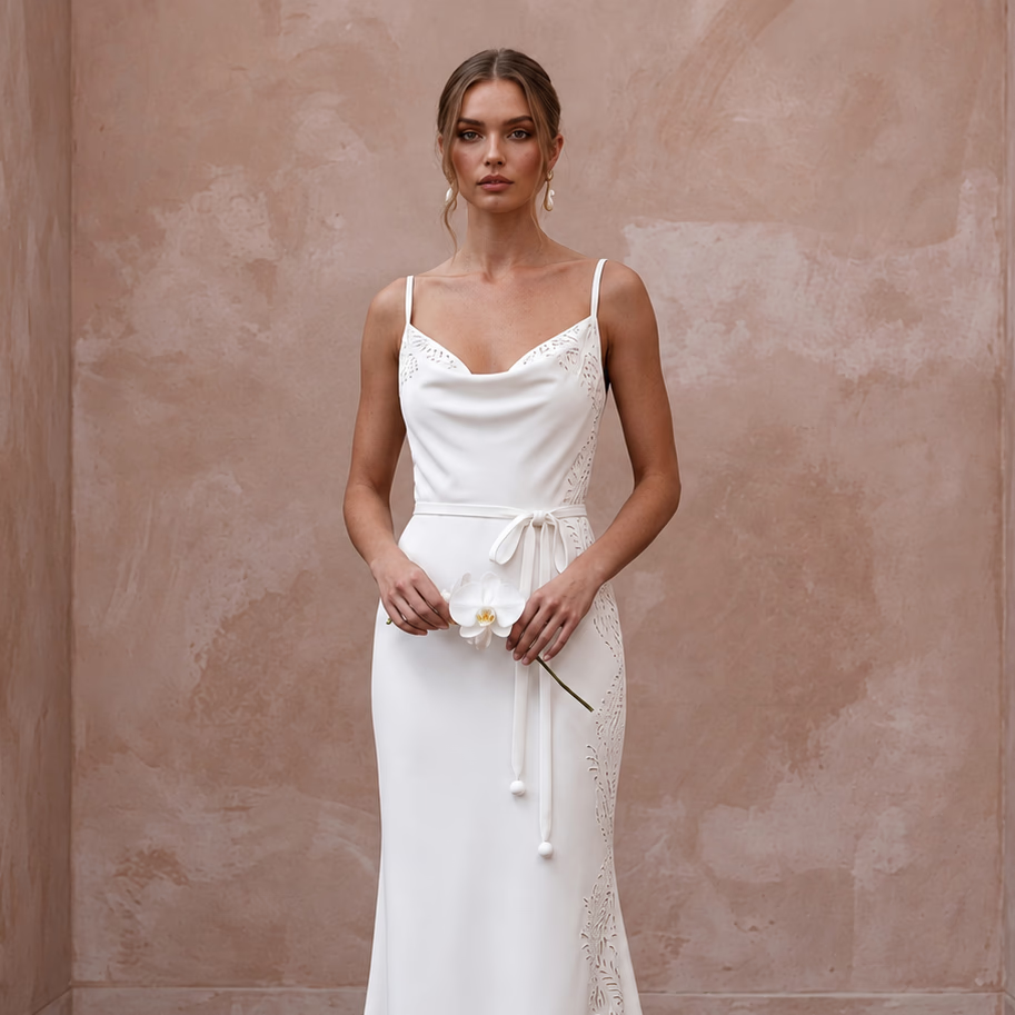 Clean White Matte Mikado Slip Wedding Dress for Rehearsal Dinner