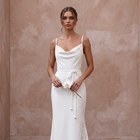Clean White Matte Mikado Slip Wedding Dress for Rehearsal Dinner