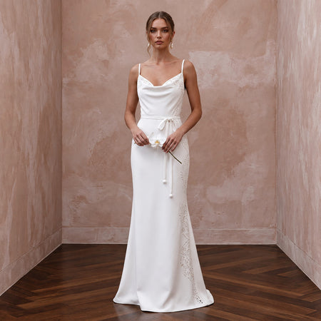 Clean White Matte Mikado Slip Wedding Dress for Rehearsal Dinner