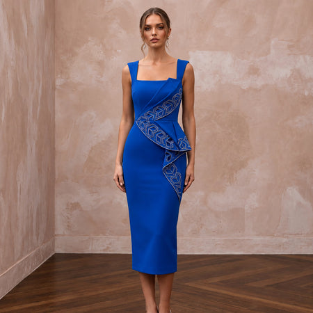 Cobalt Blue Stretch Crepe Square Neck Bodycon Midi Cocktail Dress