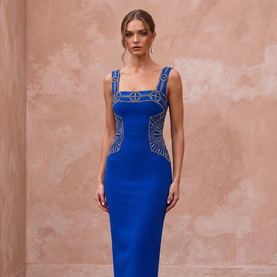 Cobalt Blue Stretch Crepe Square Neck Bodycon Midi Cocktail Dress