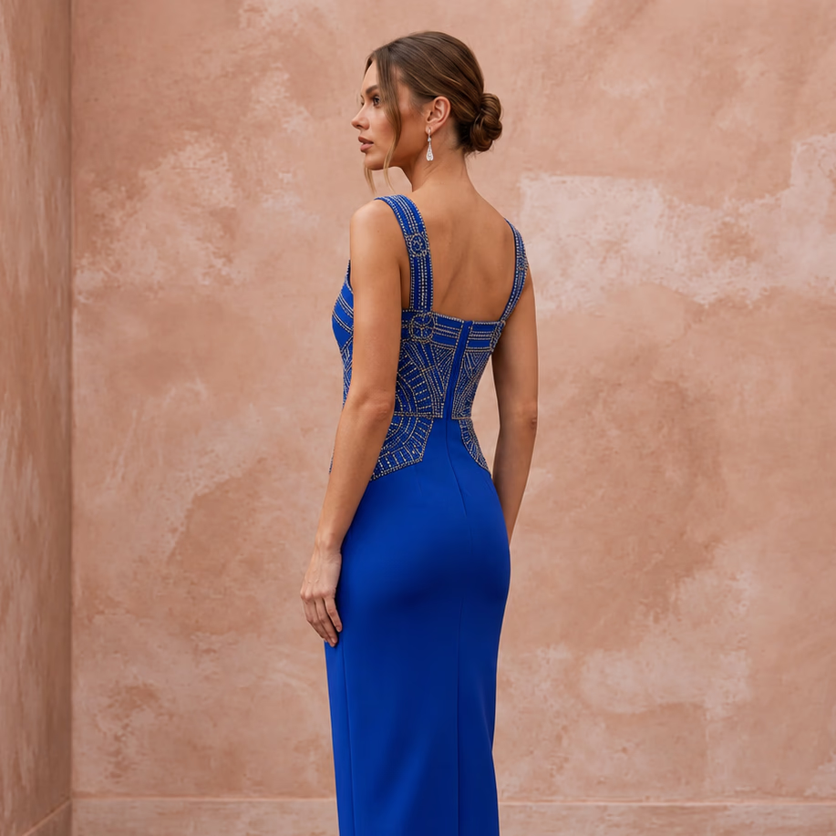 Cobalt Blue Stretch Crepe Square Neck Bodycon Midi Cocktail Dress