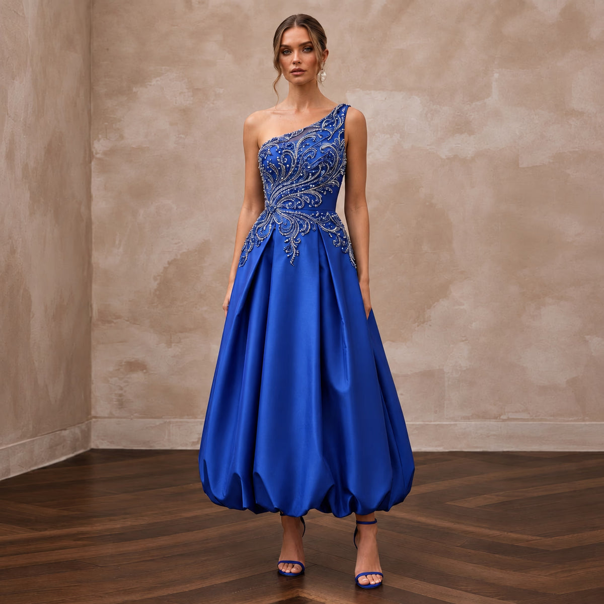 Cobalt Blue Taffeta Bubble Skirt One - Shoulder Party Dress - Apparel & Accessories > Clothing > Wedding & Bridal Party Dresses > Wedding Dresses - Mignonette Bridal Main image