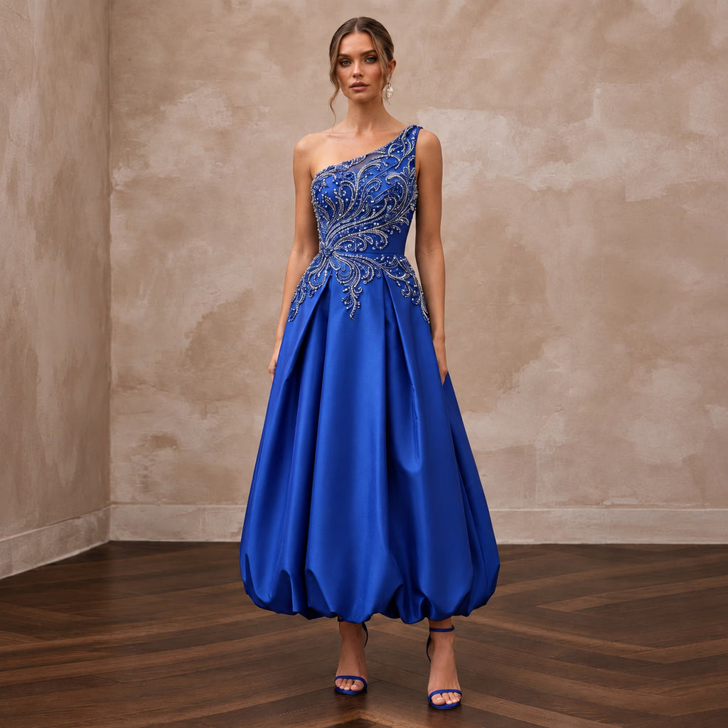 Cobalt Blue Taffeta Bubble Skirt One-Shoulder Party Dress