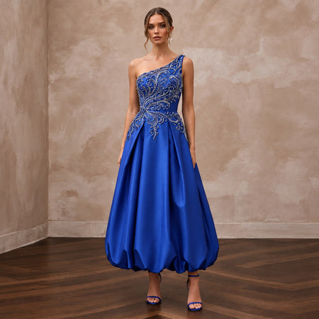 Cobalt Blue Taffeta Bubble Skirt One-Shoulder Party Dress