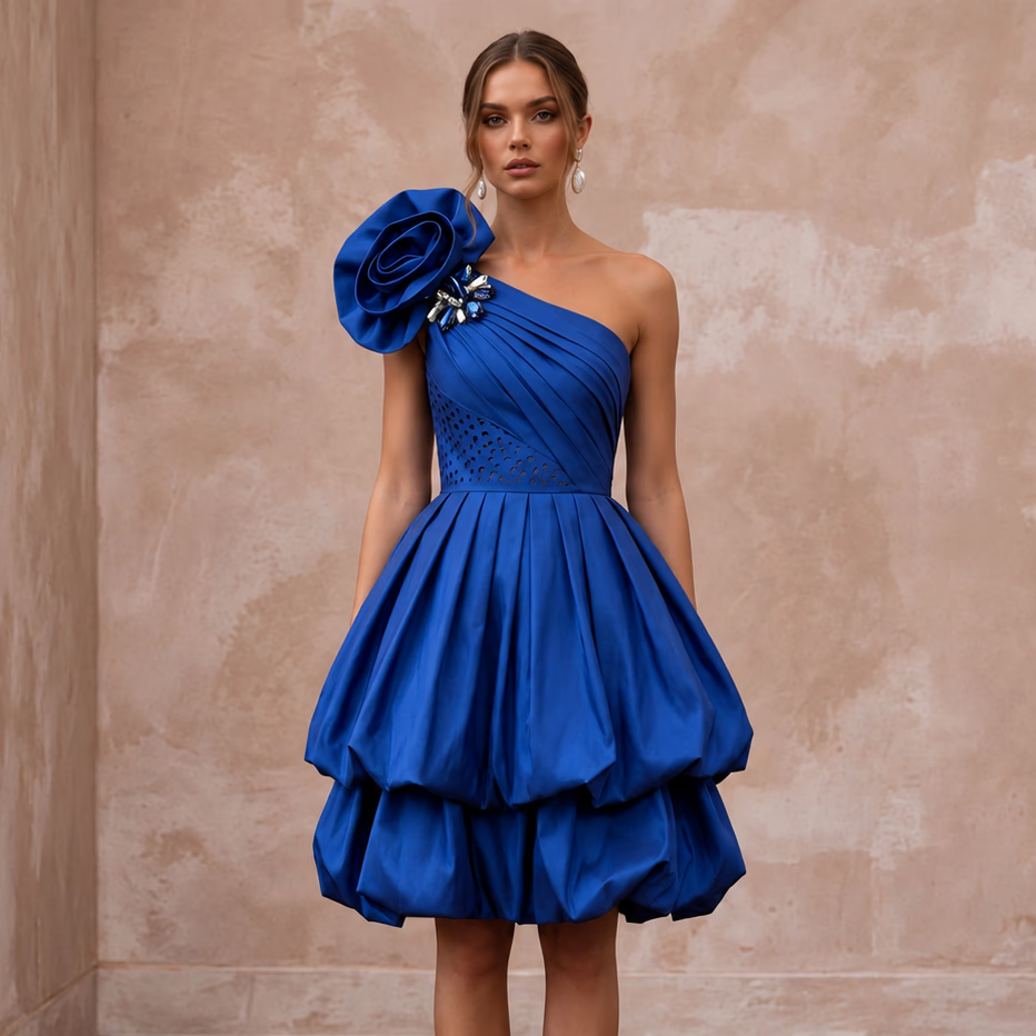 Cobalt Blue Taffeta Bubble Skirt One - Shoulder Party Dress - Apparel & Accessories > Clothing > Wedding & Bridal Party Dresses > Wedding Dresses - Mignonette Bridal