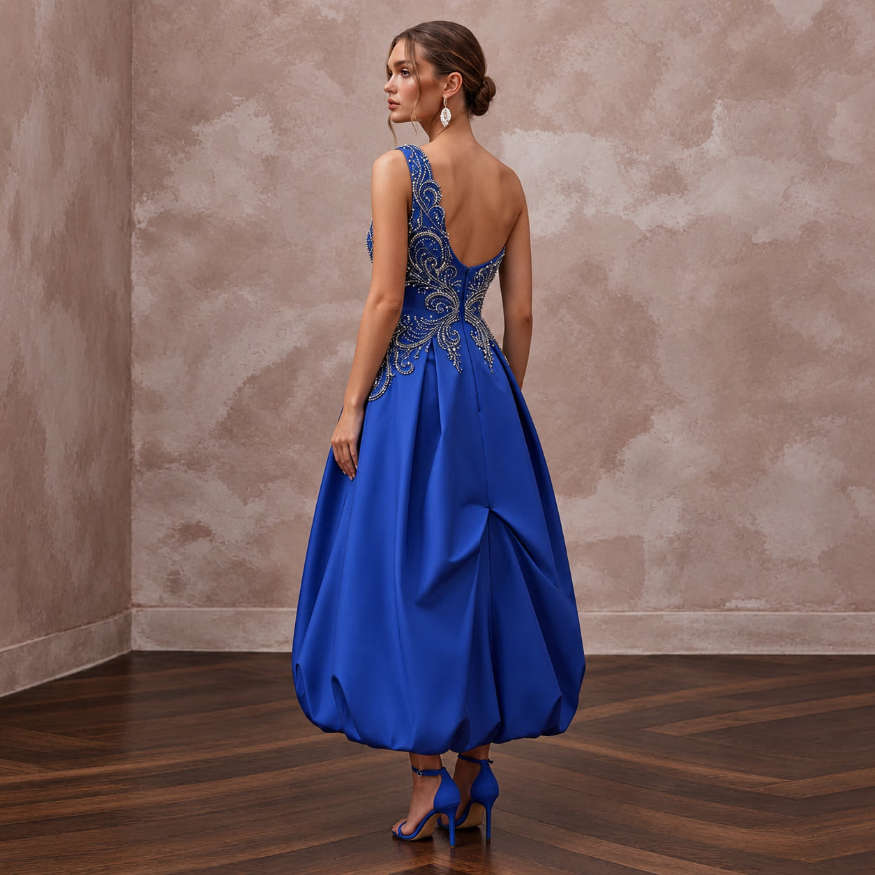 Cobalt Blue Taffeta Bubble Skirt One-Shoulder Party Dress Secondary image