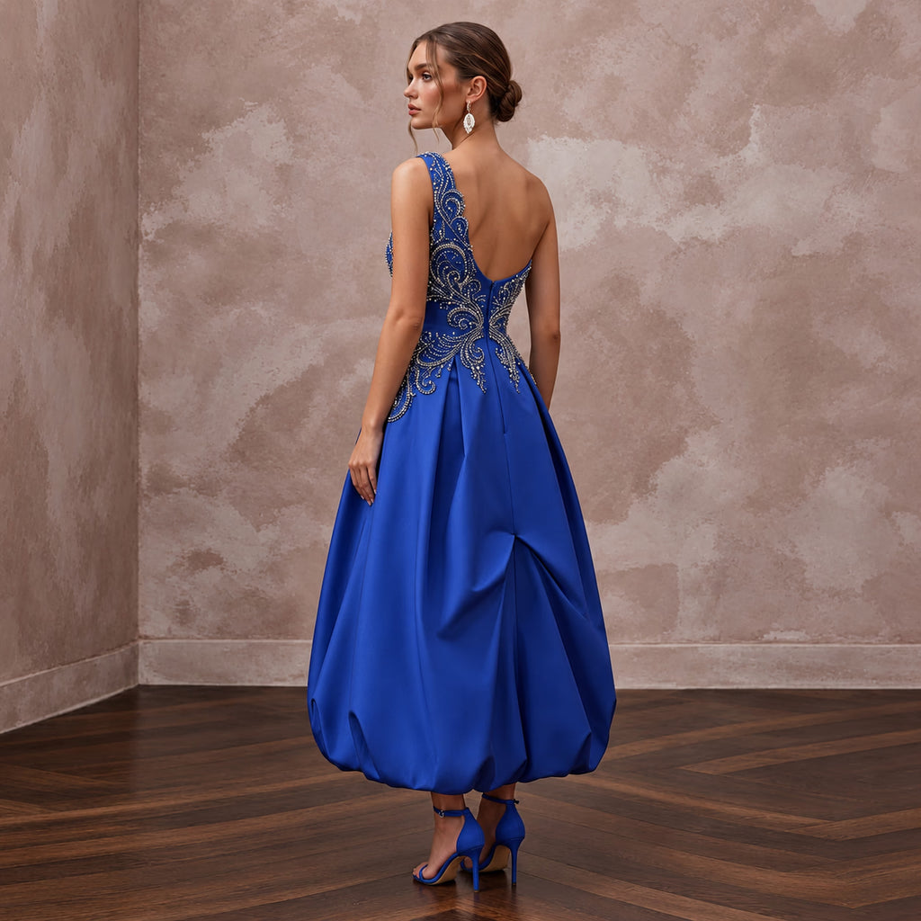 Cobalt Blue Taffeta Bubble Skirt One-Shoulder Party Dress