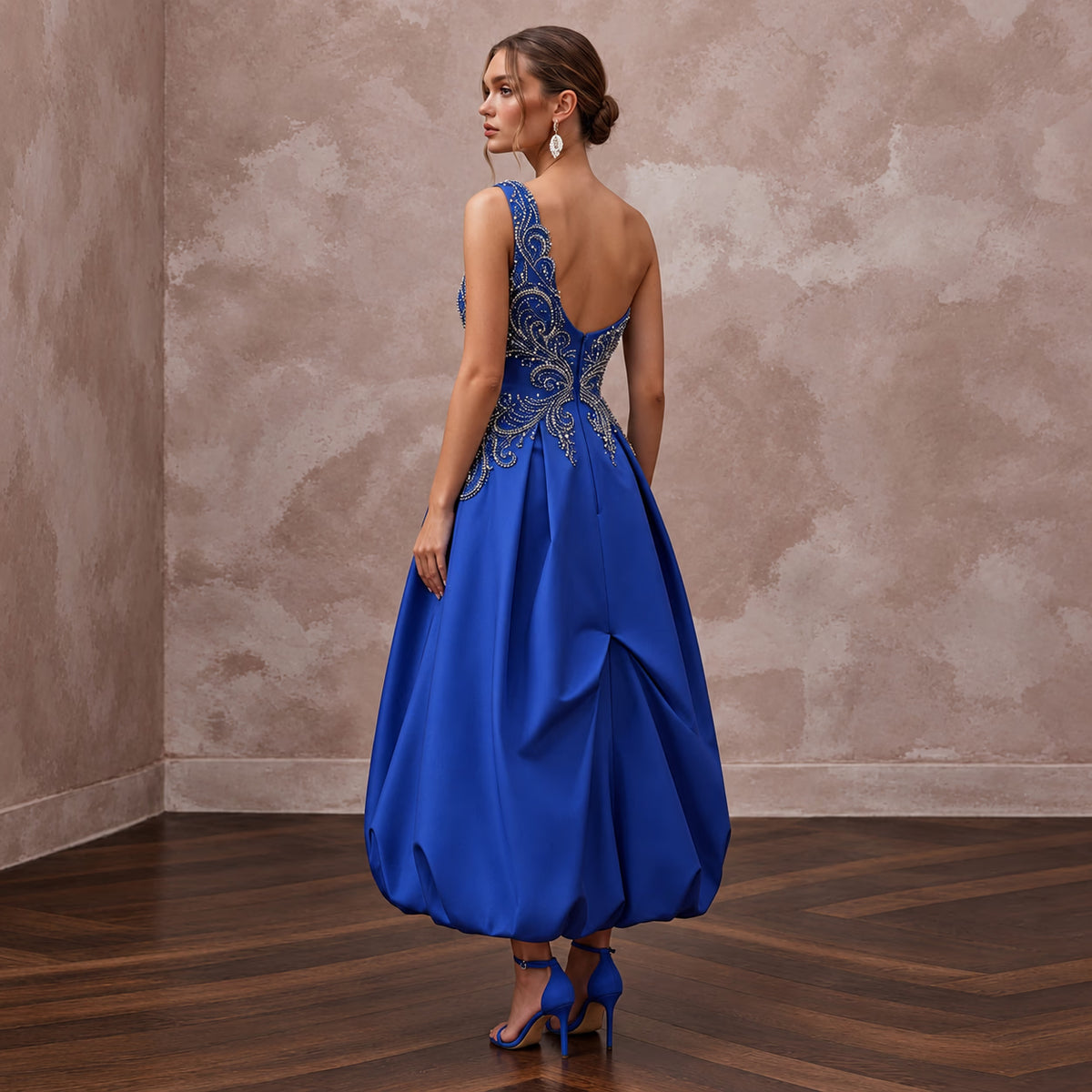 Cobalt Blue Taffeta Bubble Skirt One-Shoulder Party Dress