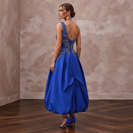 Cobalt Blue Taffeta Bubble Skirt One-Shoulder Party Dress