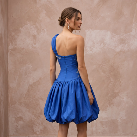 Cobalt Blue Taffeta Bubble Skirt One-Shoulder Party Dress