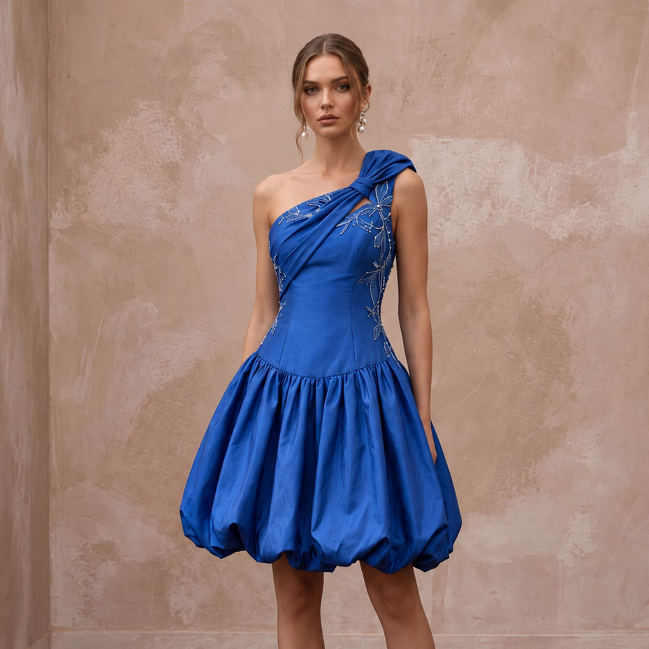 Cobalt Blue Taffeta Bubble Skirt One-Shoulder Party Dress