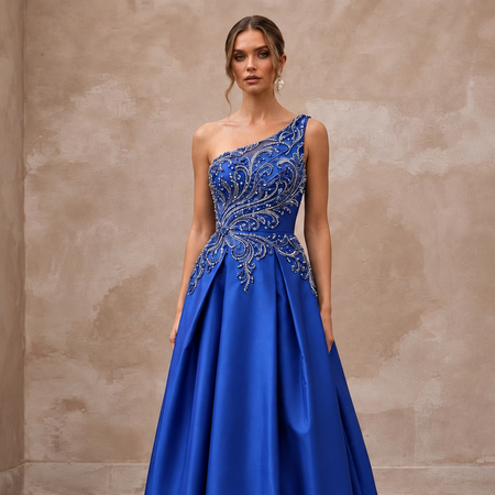 Cobalt Blue Taffeta Bubble Skirt One-Shoulder Party Dress