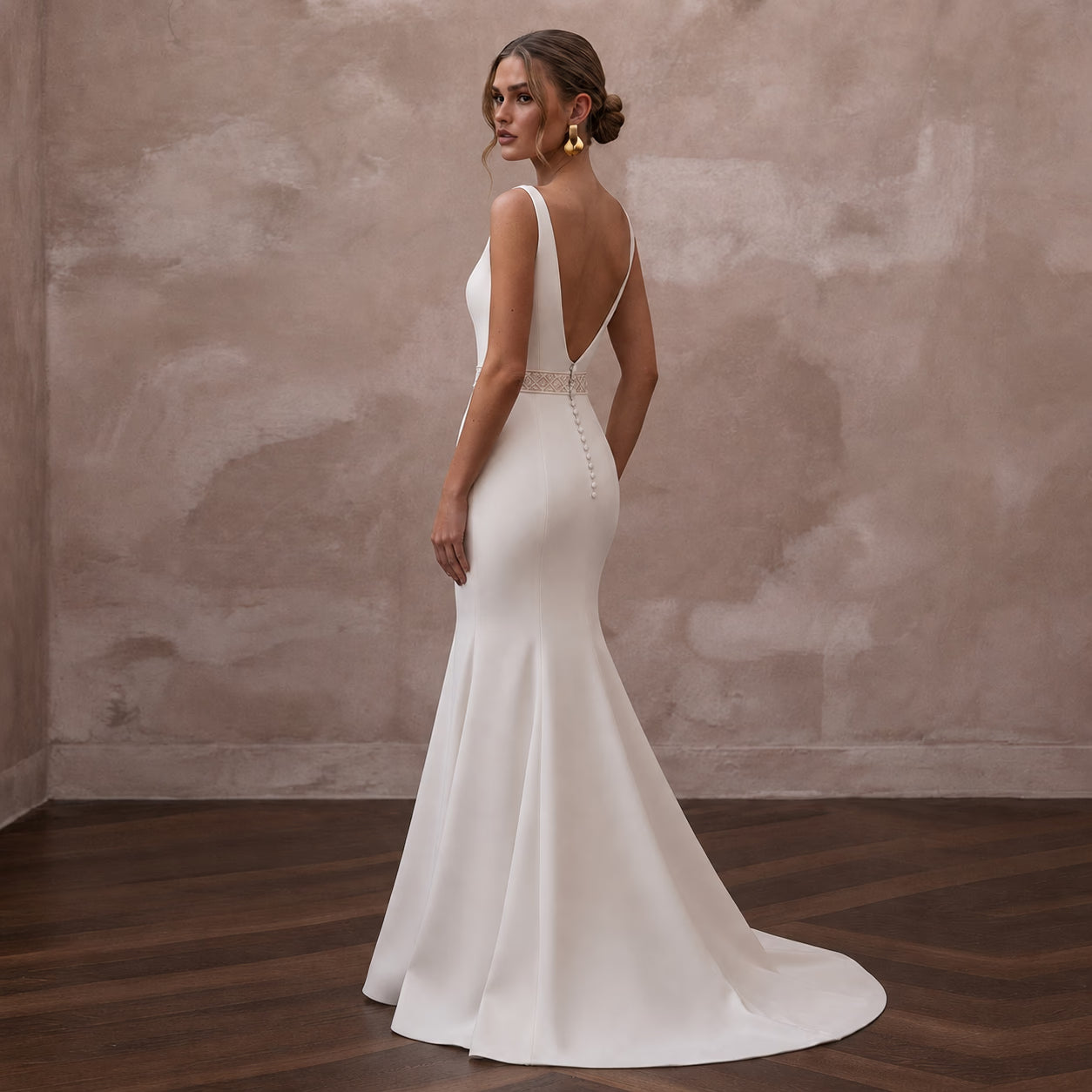 wedding dresses in cream Contemporary Double Crepe Mermaid Bridal Dress for Anniversary Party 16 beauty treatments David's Bridal desert coral illusion back. Color:Cypress