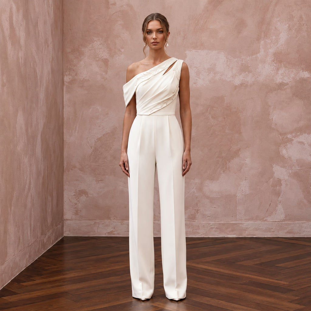 Contemporary Cream Draped Crepe Bridal Jumpsuit for After-Party